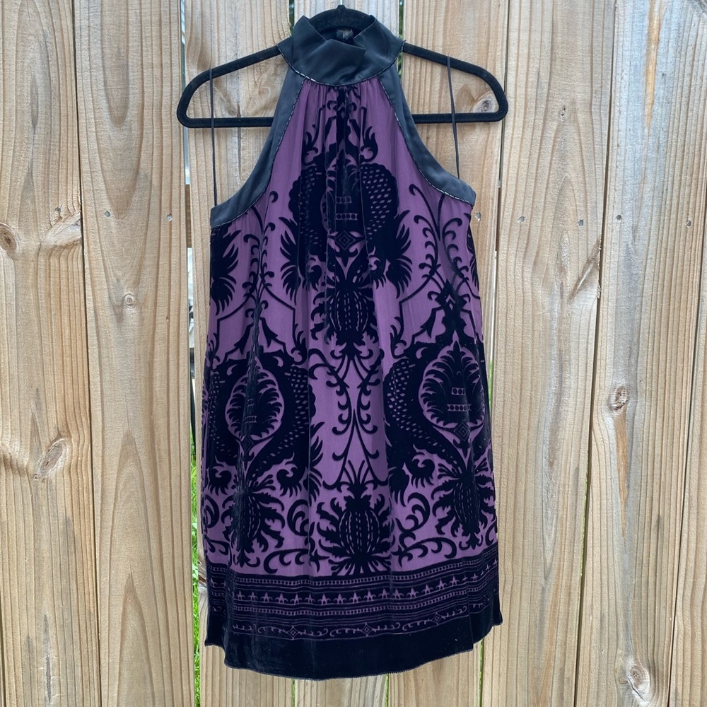 Deep Purple Brocade Flocked Velvet Mini Dress